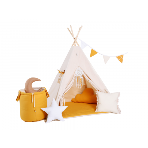 Tipi Tent voor kinderen - Speeltent - Zomerzon - Beige Geel - 160 x 110 x 110 cm - Complete Set met vloerkleed, 2 kussens en toybasket - Wigwam