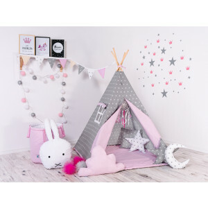 Tipi Tent voor kinderen - Speeltent - Sterrenregen - Grijs Roze - 160 x 110 x 110 cm - met vloerkleed en 2 kussens - Wigwam