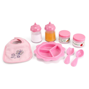 Poppen Voedingsset 8-delig – Babypop Accessoires met Flesjes, Slabbetje, Bord & Babypotjes – Rollenspel Educatief Speelgoed vanaf 3 Jaar